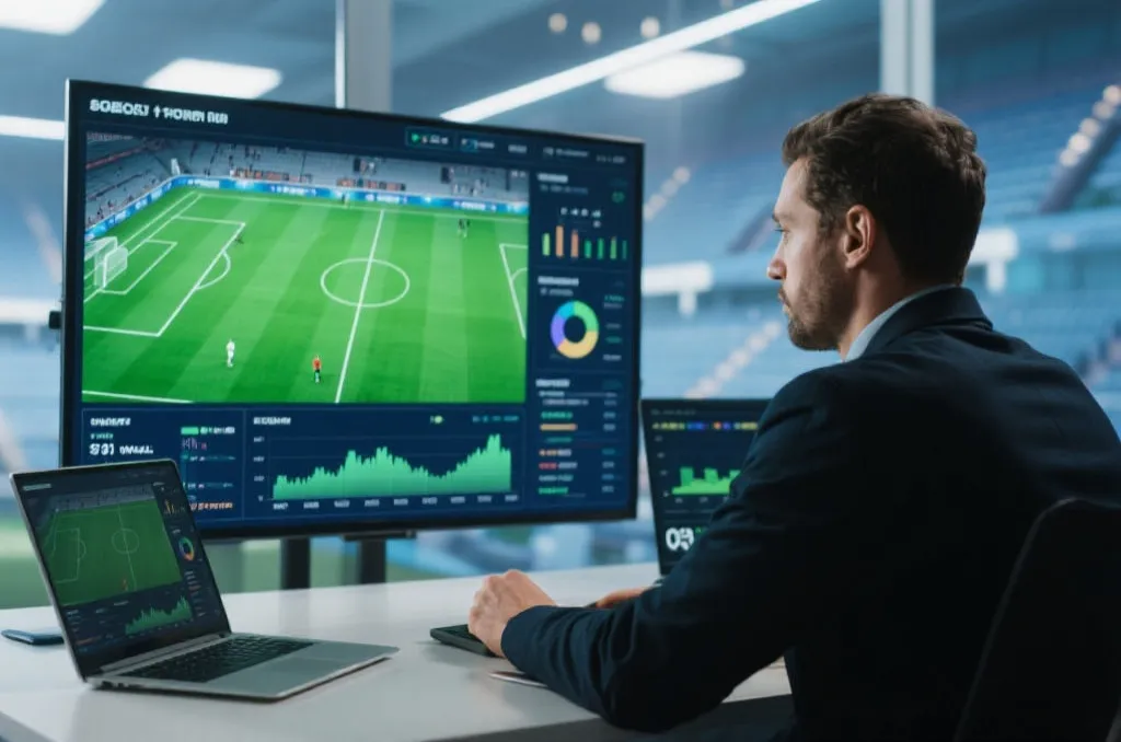 A professional sports data analyst studying soccer match real-time statistics on a modern digital screen with charts and graphs